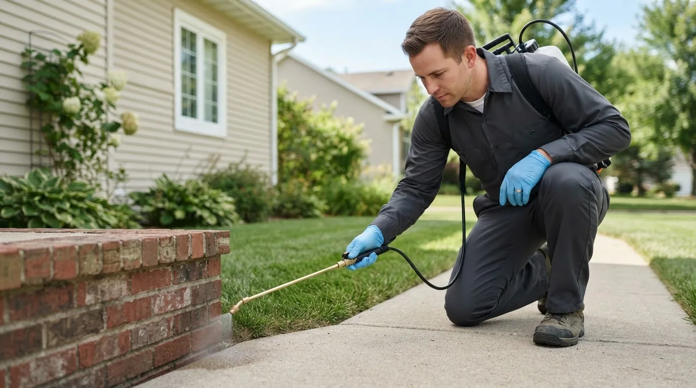 Pest control technician treating a home near Minnesota Lake, MN