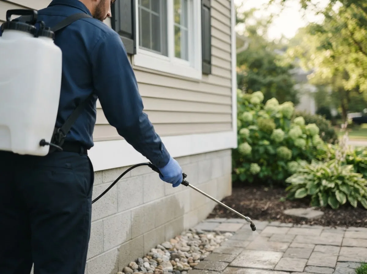 Pest control technician inspecting a home in Minnesota Lake, MN